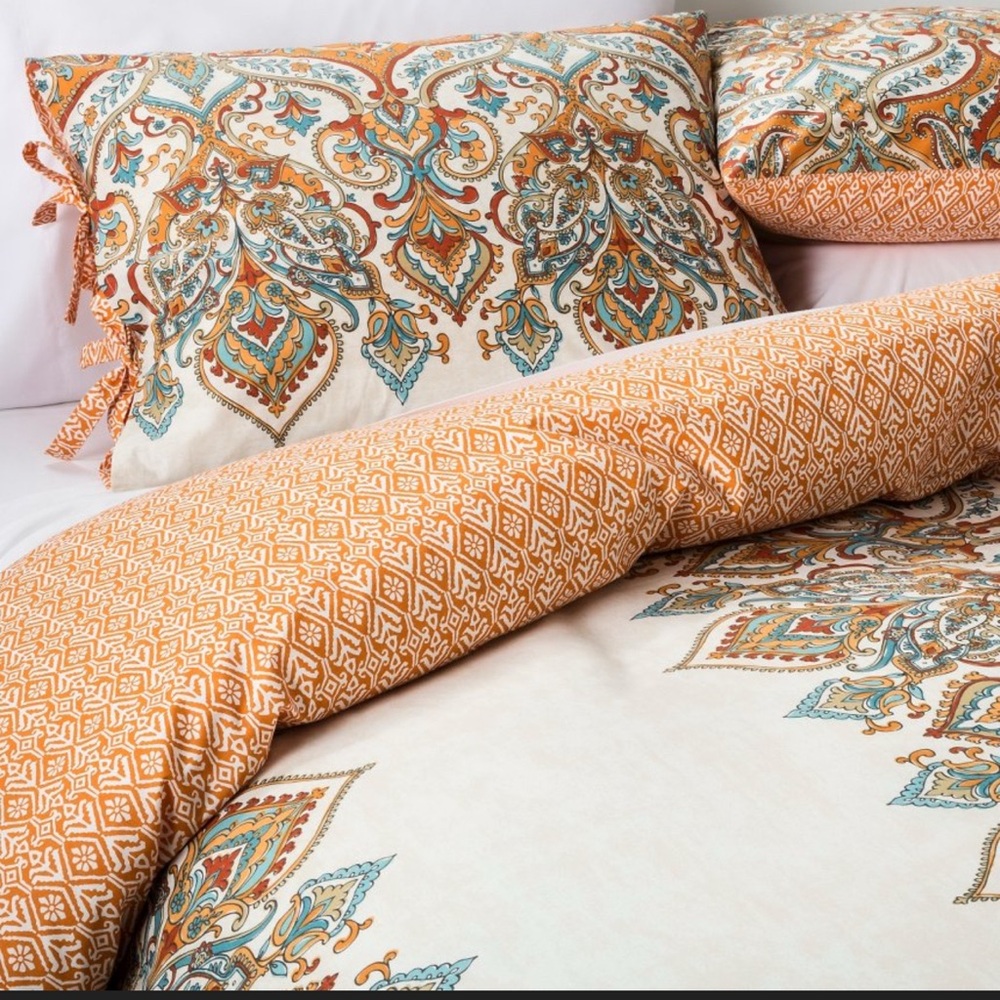 New $135 3pc King Anya Reversible Duvet Cover and Sham Set 100% Cotton -Mudhut